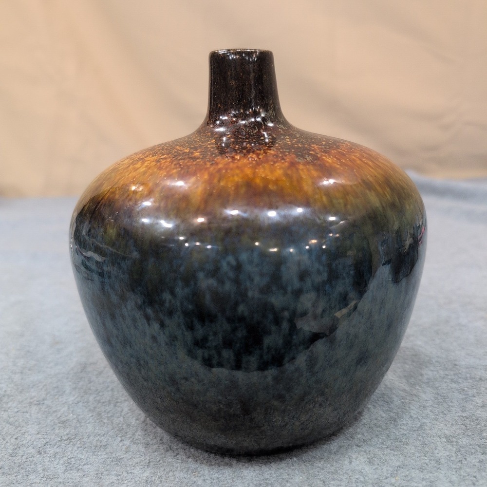 Unattributed Studio Pottery Vase Hand Thrown Stoneware Brown Blue Drip Glaze - Picture 1 of 7